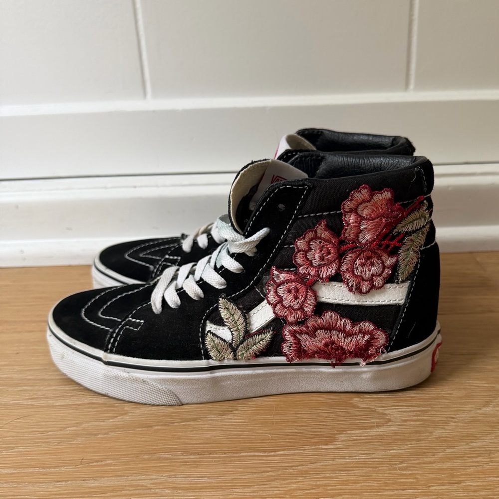 Custom Vans Women’s Black High-Top Sneakers with Pink Floral Patchwork